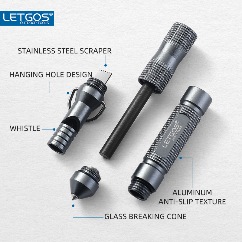 Ferro Rod Striker - นกหวีดเอาตัวรอดแบบกันน้ำเสียงดังพิเศษ พร้อมที่ทุบกระจกในตัว อุปกรณ์ความปลอดภัยฉุกเฉินขนาดกะทัดรัดสำหรับการตั้งแคมป์และการเดินป่า