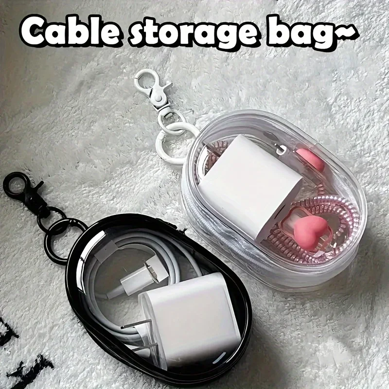 Cable Winder Keychain - กระเป๋าเก็บของแบบซิปใสขนาดพกพา - ที่เก็บสายเคเบิลประหยัดพื้นที่สำหรับหูฟังและที่ชาร์จ อเนกประสงค์พร้อมห่วงคล้องพวงกุญแจ