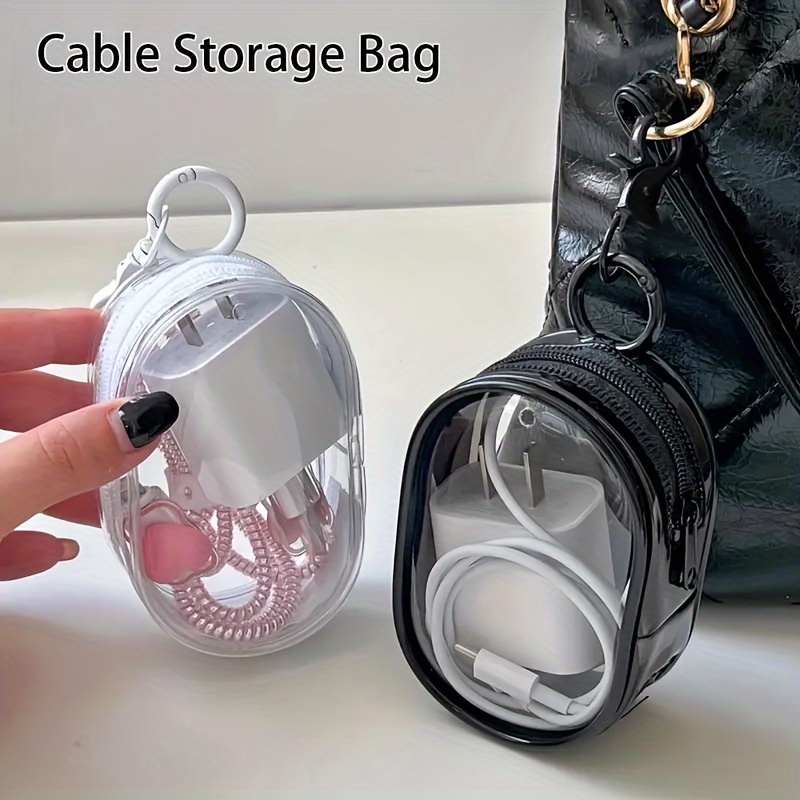 Cable Winder Keychain - กระเป๋าเก็บของแบบซิปใสขนาดพกพา - ที่เก็บสายเคเบิลประหยัดพื้นที่สำหรับหูฟังและที่ชาร์จ อเนกประสงค์พร้อมห่วงคล้องพวงกุญแจ